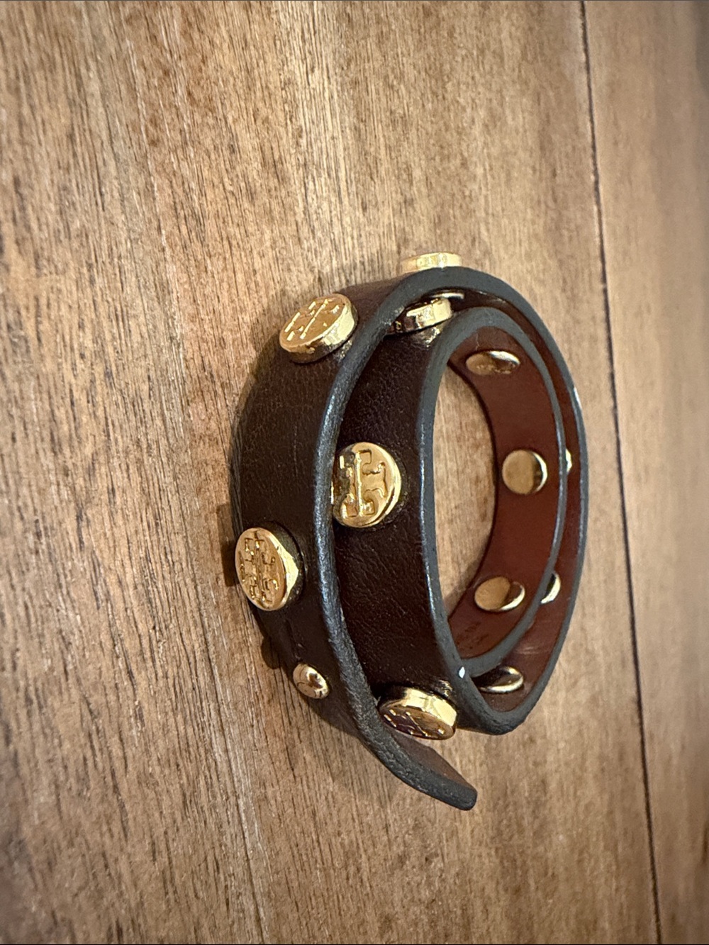 Tory Burch Black Leather Double-Wrap Bracelet with Gold Logo Studs